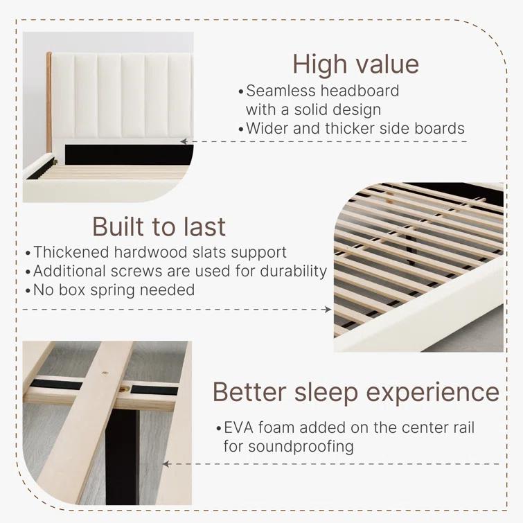 Rezana Solid Wood Boucle Upholstered Headboard Bed Frame