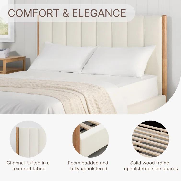 Rezana Solid Wood Boucle Upholstered Headboard Bed Frame