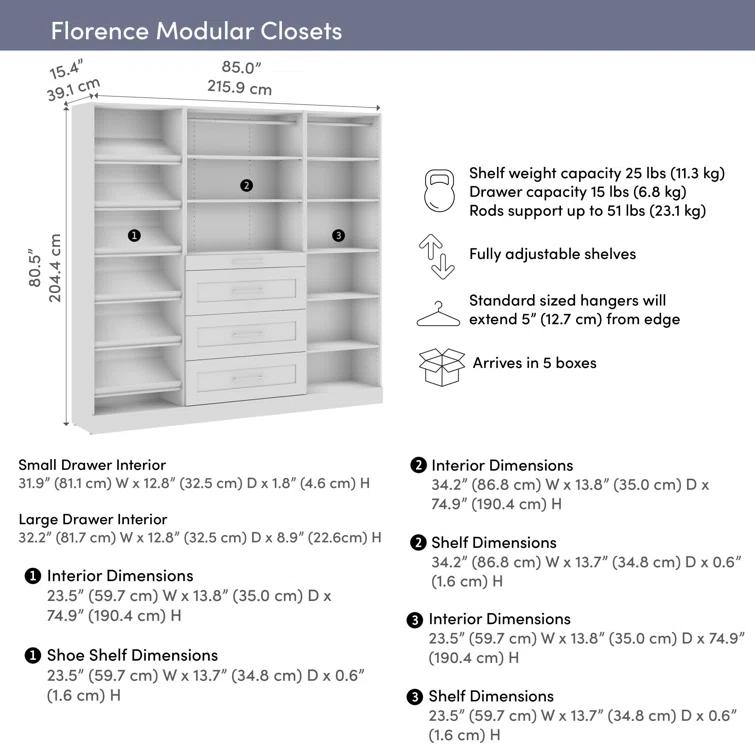 Bestar Florence 85W X 16D Modular Reach-In Or Walk-In Closet System With Drawers And Shoe Shelves, Shaker Style