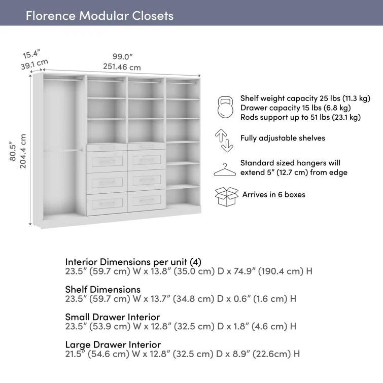 Bestar Florence 100W X 16D Modular Reach-In Or Walk-In Closet System With Rods, Shelves, And Drawers, Shaker Style