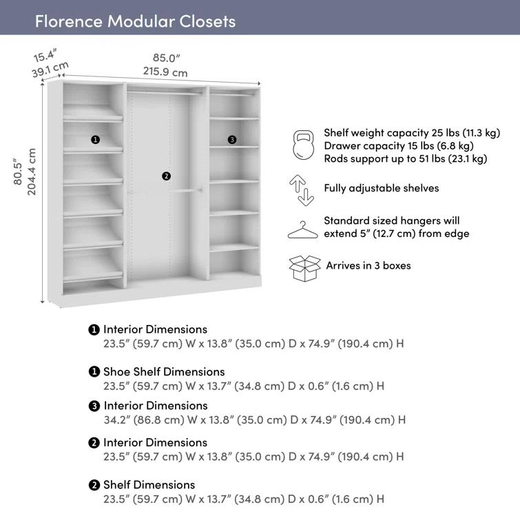 Bestar Florence 85W X 16D Modular Reach-In Or Walk-In Closet System With Rods And Shoe Shelves