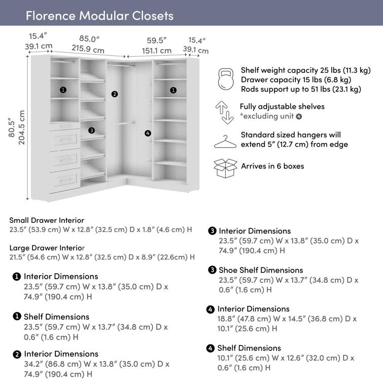 Florence 85W X 60D Modular L Shaped Walk-In Closet System With Rods, Drawers, And Shoe Shelves, Shaker Style