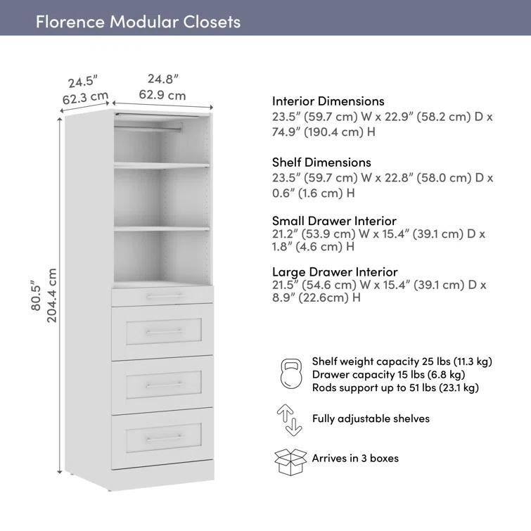 Bestar Florence Modular Walk-In Closet System Tower With LED Light, Shelves And 4 Drawers, Shaker Style