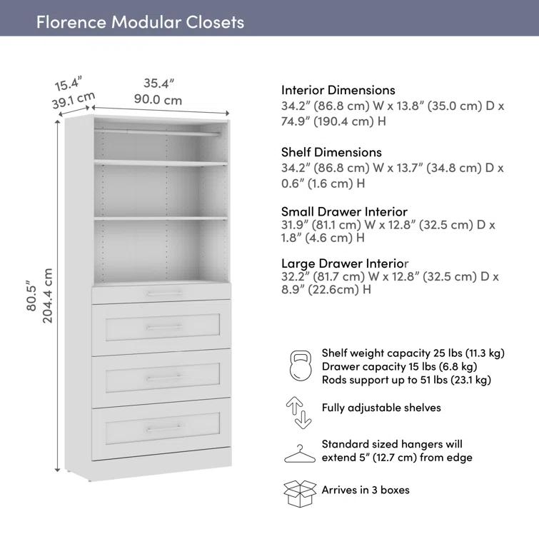 Florence Modular Reach-In Or Walk-In Closet System Tower With Shelves And 4 Drawers, Shaker Style