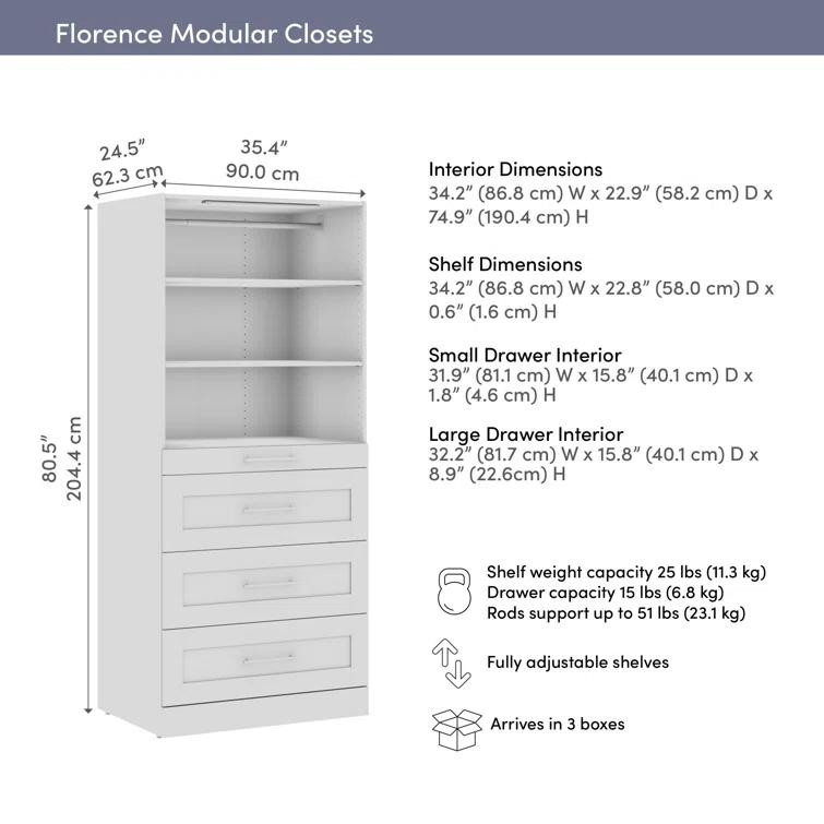 Bestar Florence Modular Walk-In Closet System Tower With LED Light, Shelves And 4 Drawers, Shaker Style