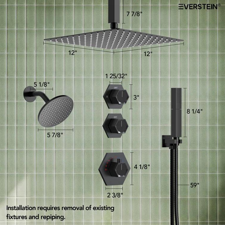 Thermostatic Shower Faucet 12" High-Pressure Dual Showerheads with Rough-In Valve