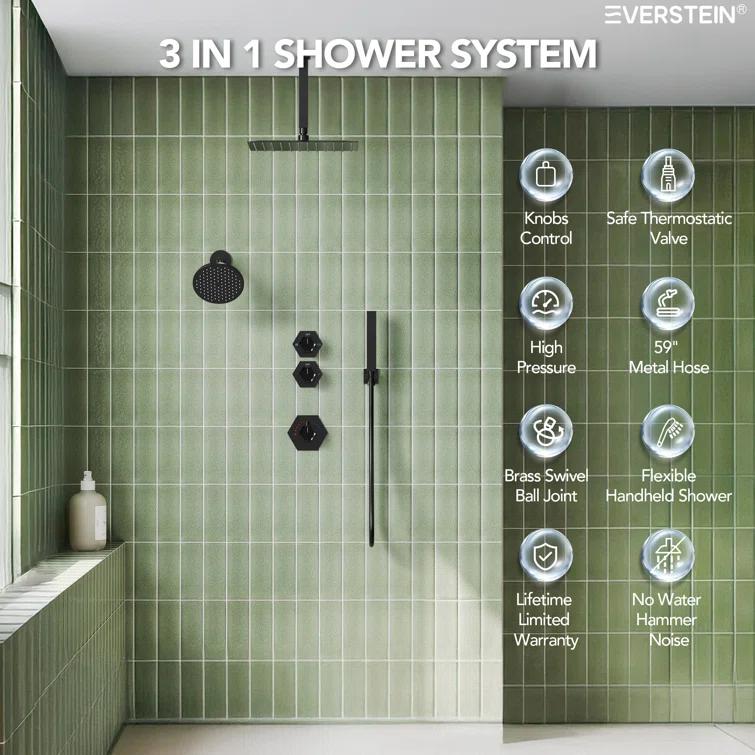 Thermostatic Shower Faucet 12" High-Pressure Dual Showerheads with Rough-In Valve