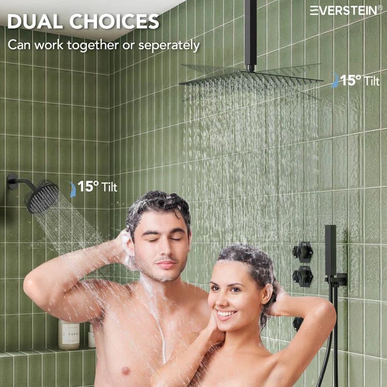 Thermostatic Shower Faucet 12" High-Pressure Dual Showerheads with Rough-In Valve