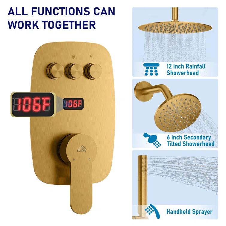 Rainfall Symphony 12inch Dual Showerhead Temperature Display Shower System with 2 in 1 Slider Bar Shower Handheld