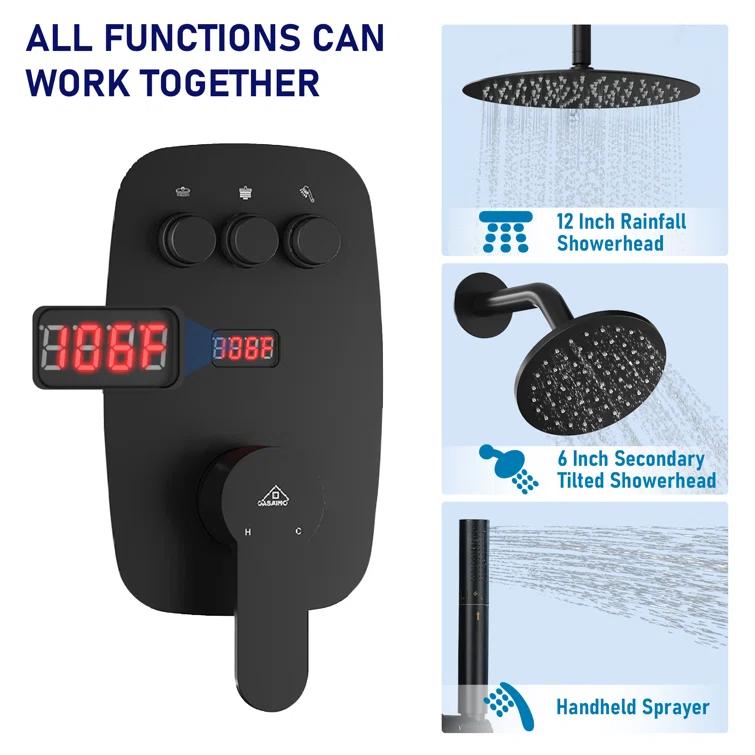 Rainfall Symphony 12inch Dual Showerhead Temperature Display Shower System with 2 in 1 Slider Bar Shower Handheld