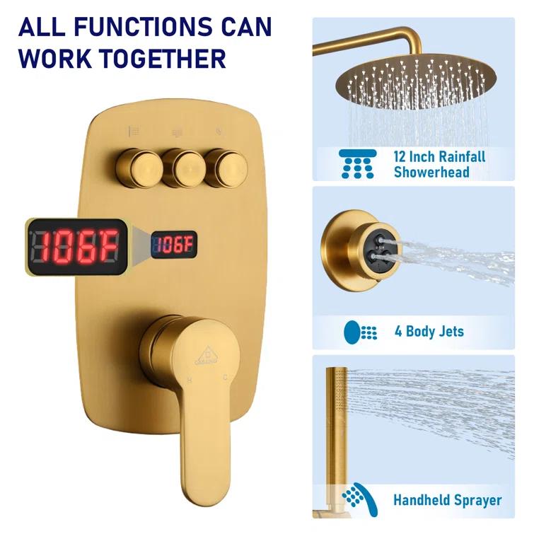 3-Function 12 Inch Temperature Digital Display Shower System With 2-Setting Slider Bar Handheld And 4Pcs Body Jets