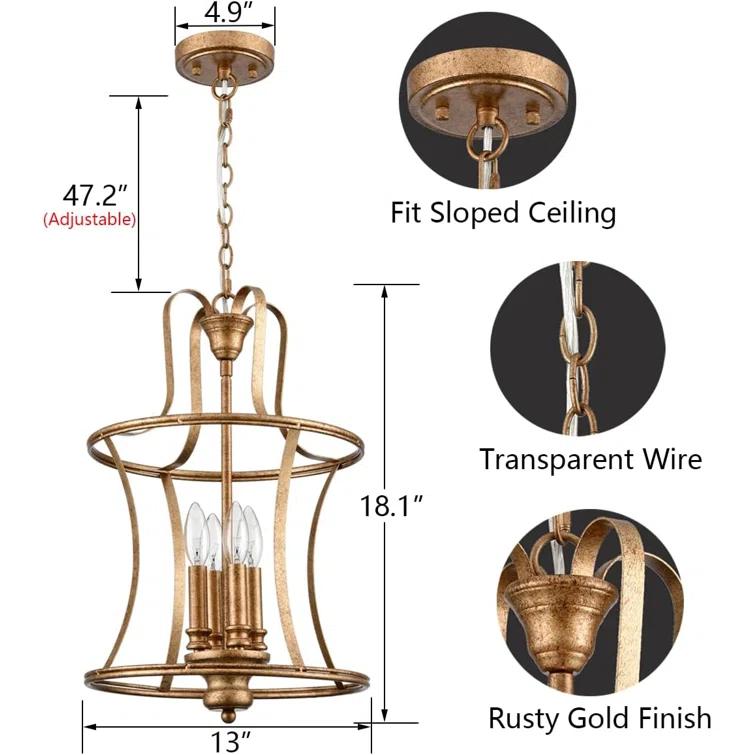 Fleur De Lis Living Modern Rustic Lantern Pendant Light With Adjustable Chain, 4-Light Chandelier For Kitchen Island, Dining Room, And Entryway