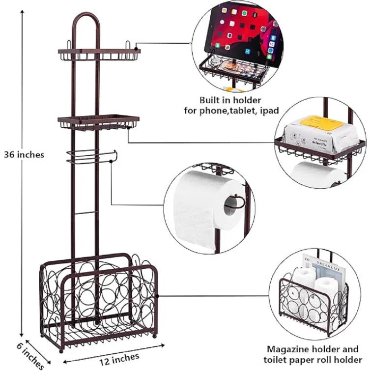 Toilet Paper Holder Tissue Rack Stand With Magazine Toilet Roll Storage Basket- Freestanding, Bronze Metal