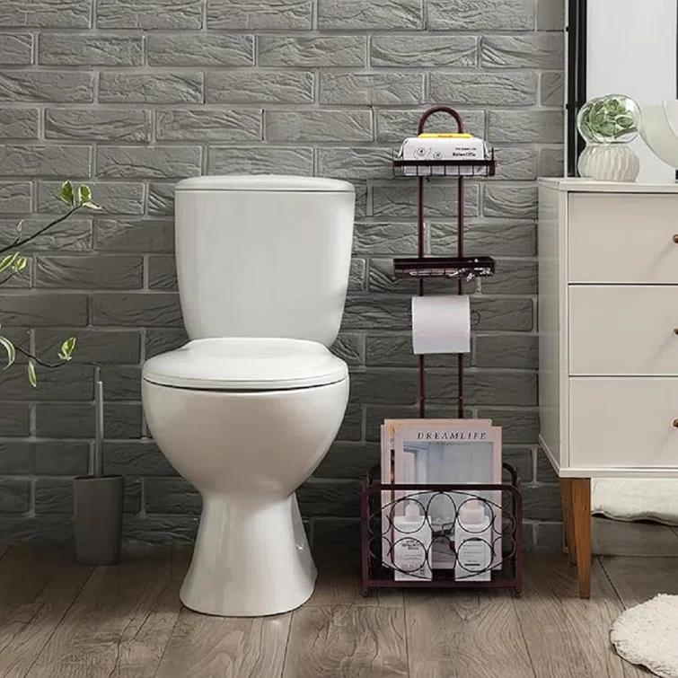 Toilet Paper Holder Tissue Rack Stand With Magazine Toilet Roll Storage Basket- Freestanding, Bronze Metal