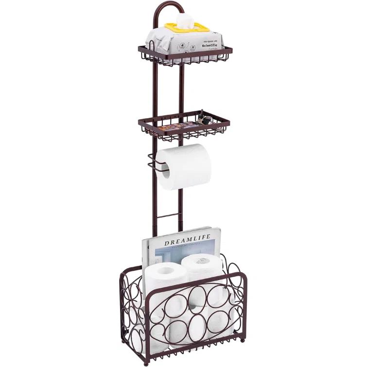 Toilet Paper Holder Tissue Rack Stand With Magazine Toilet Roll Storage Basket- Freestanding, Bronze Metal