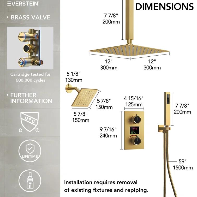 Pressure Balancing Shower Faucet 12" High-Pressure Dual Showerheads with LCD Display