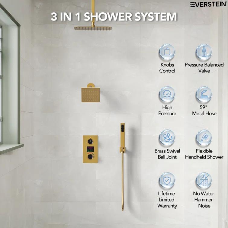 Pressure Balancing Shower Faucet 12" High-Pressure Dual Showerheads with LCD Display