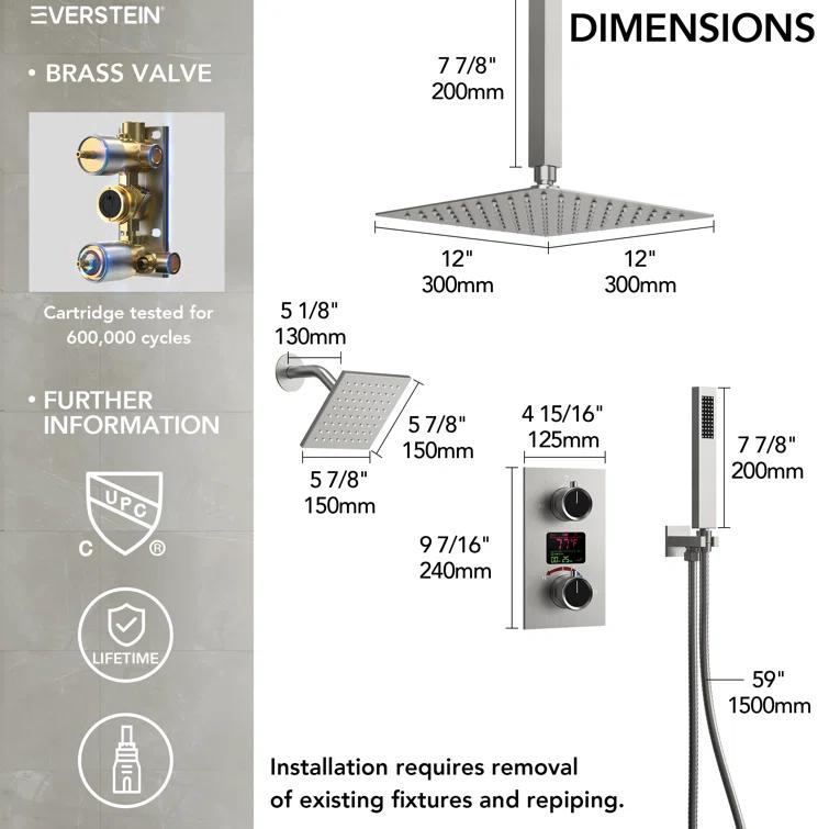 Pressure Balancing Shower Faucet 12" High-Pressure Dual Showerheads with LCD Display