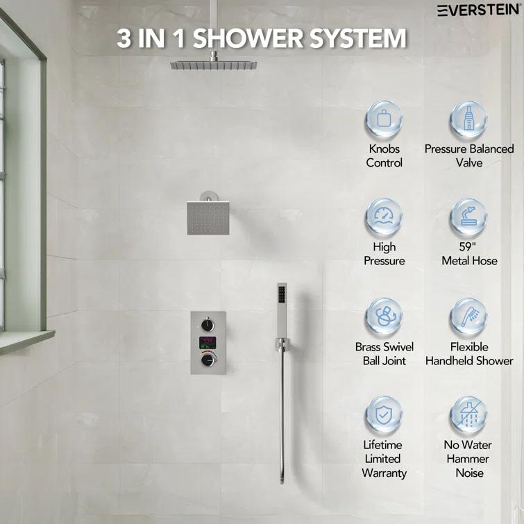 Pressure Balancing Shower Faucet 12" High-Pressure Dual Showerheads with LCD Display