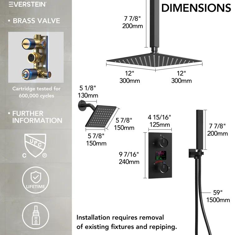 Pressure Balancing Shower Faucet 12" High-Pressure Dual Showerheads with LCD Display