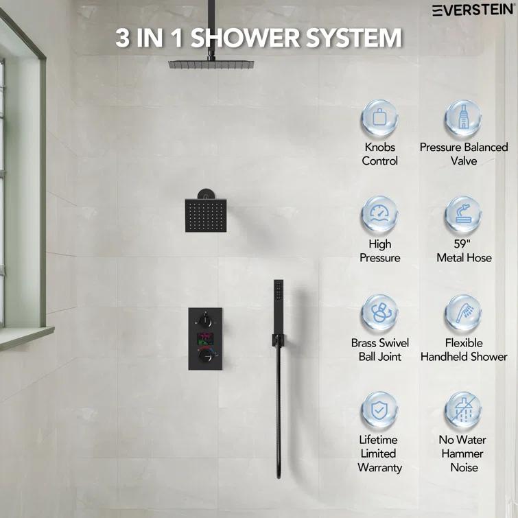Pressure Balancing Shower Faucet 12" High-Pressure Dual Showerheads with LCD Display