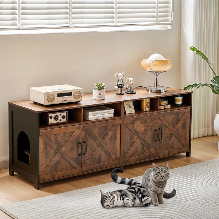 63"W TV Stand Furniture & Hidden Litter Box Enclosure & Double Litter Box For 2 Cats, Farmhouse Inclosed Litter Boxes For Cats with Outlet Power