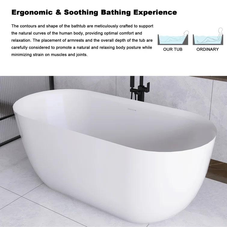 JimsMaison 59'' Acrylic Freestanding Soaking Bathtub In Glossy White JMUBBT21-59GW