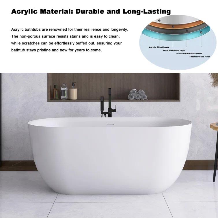 JimsMaison 59'' Acrylic Freestanding Soaking Bathtub In Glossy White JMUBBT21-59GW