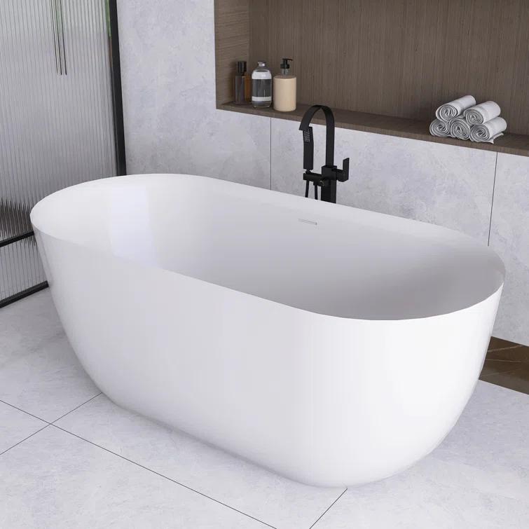 JimsMaison 59'' Acrylic Freestanding Soaking Bathtub In Glossy White JMUBBT21-59GW