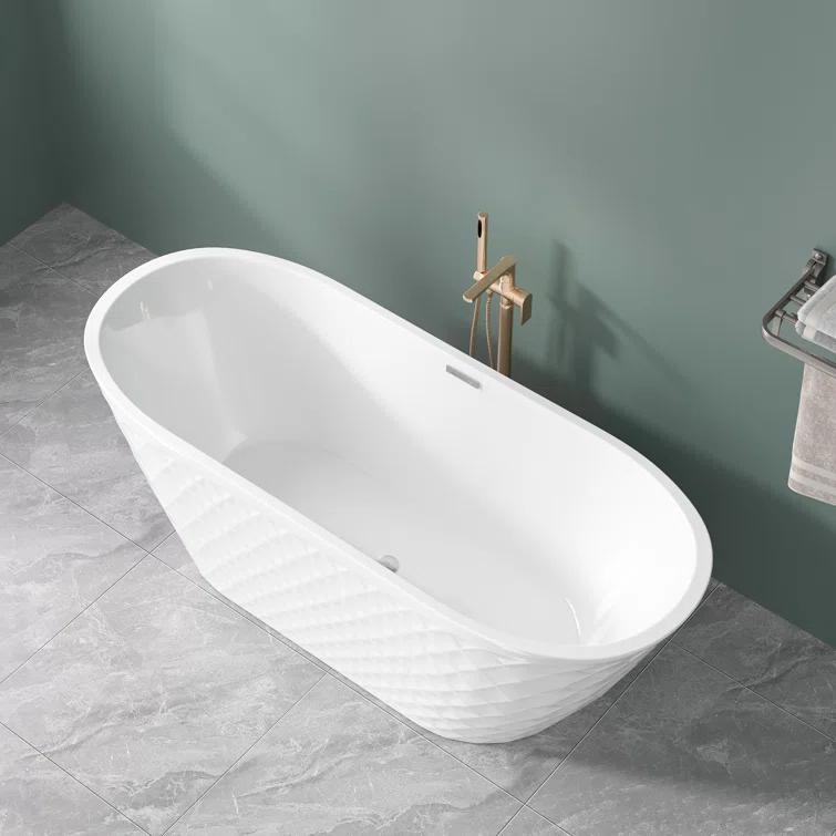 Aguamaph 67" x 31" Acrylic Freestanding Bathtub with Diamond Wave Pattern with Chrome Drain & Overflow T7052886731CW