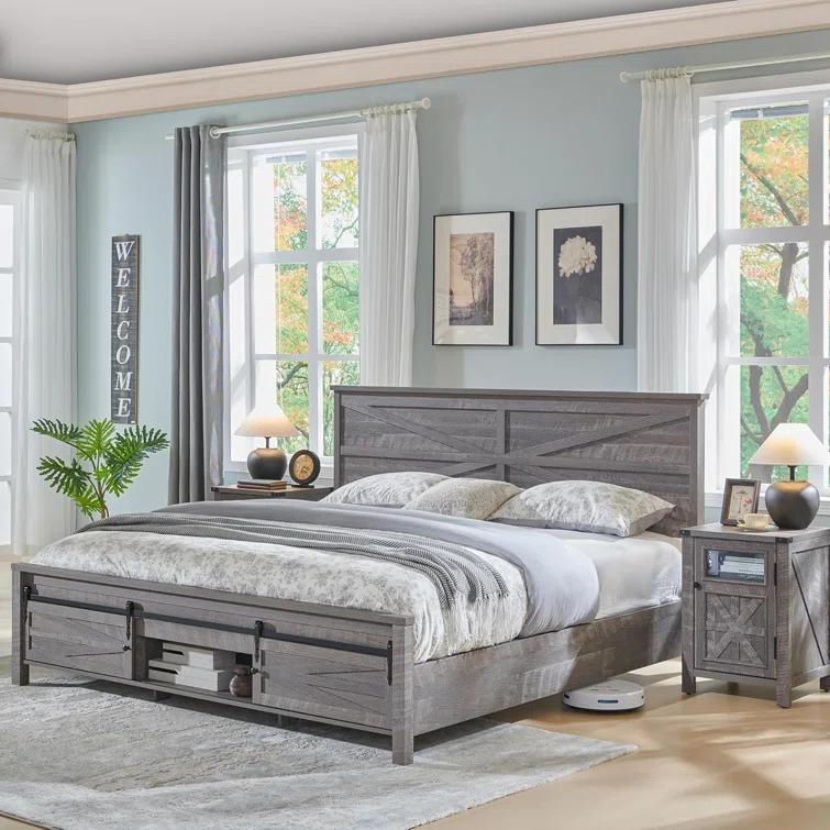Argana Farmhouse Wood Bed Frame with Headboard and Sliding Barn Door Storage Cabinets