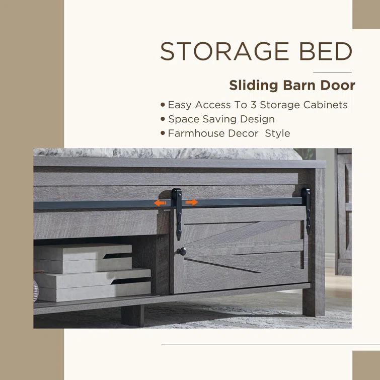 Argana Farmhouse Wood Bed Frame with Headboard and Sliding Barn Door Storage Cabinets