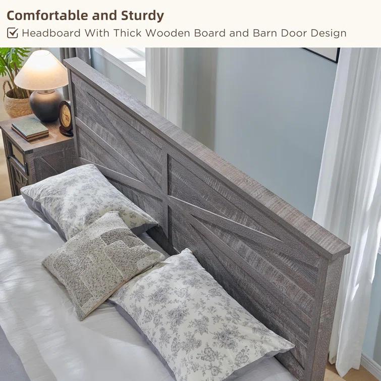 Argana Farmhouse Wood Bed Frame with Headboard and Sliding Barn Door Storage Cabinets