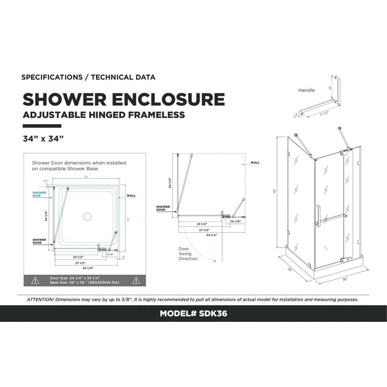 Frameless Shower Enclosure Hinged Tempered Glass - 34" W x 34" D x 74" H
