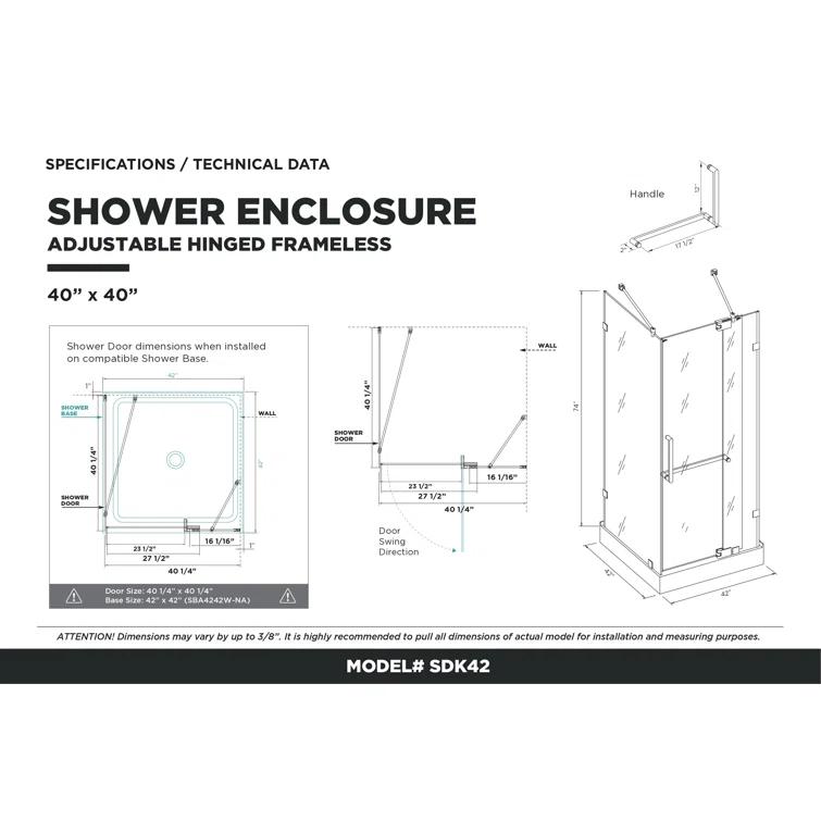 Frameless Shower Enclosure Hinged Tempered Glass - 40" W x 40" D x 74" H