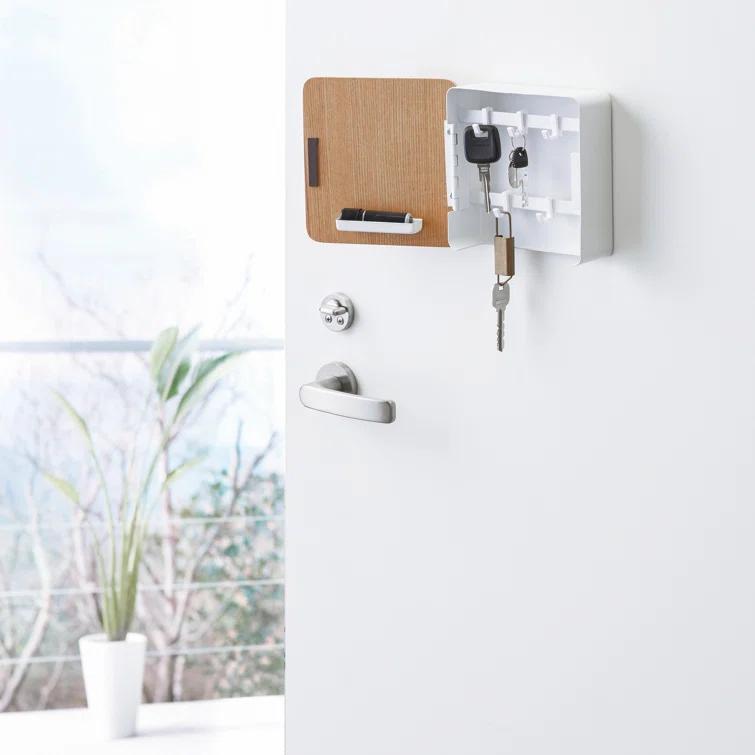 Yamazaki Home Square Magnetic Key Cabinet, Wood Accented Keychain Organizer, Steel + Wood, Magnetic