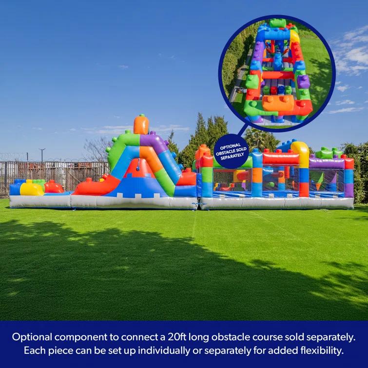 Herokiddo Block Party 12’ Tall Dual Lane Backload Inflatable Water Slide With Attached Pool, For Kids And Adults, Commercial Grade Pvc Vinyl, Outdoor Backyard Fun, Blow Up Water Park, (blower Included)