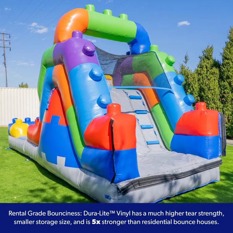 Herokiddo Block Party 12’ Tall Dual Lane Backload Inflatable Water Slide With Attached Pool, For Kids And Adults, Commercial Grade Pvc Vinyl, Outdoor Backyard Fun, Blow Up Water Park, (blower Included)