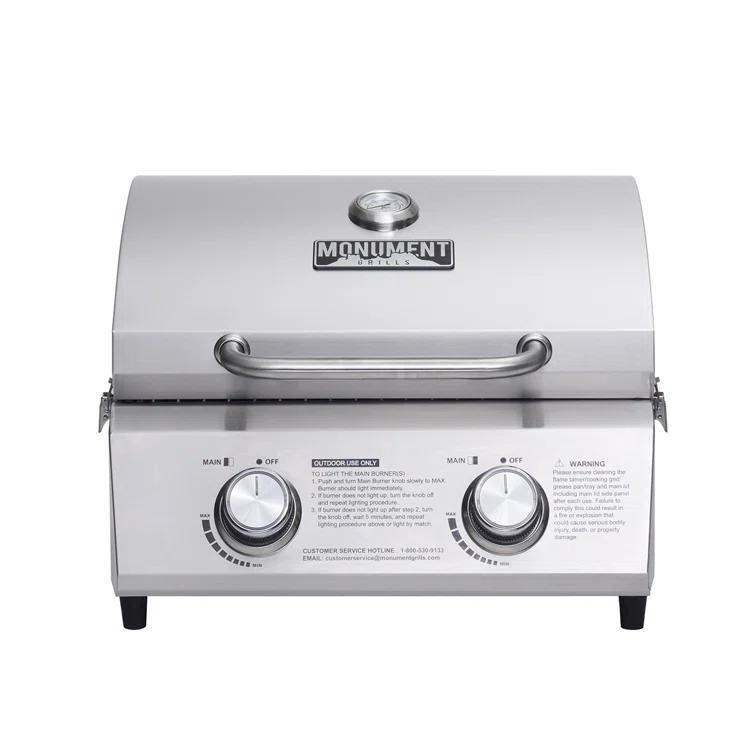 Monument Grills 13742,2-Burner Portable Stainless Steel Tabletop Propane Gas Grill with High Lid and Travel Locks, 15,000 BTU – Perfect for Family BBQs