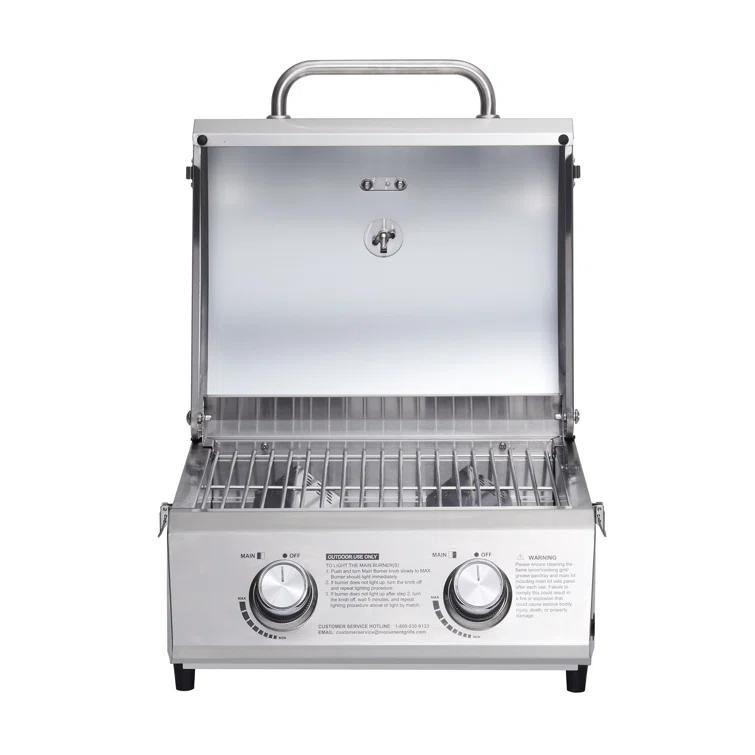 Monument Grills 13742,2-Burner Portable Stainless Steel Tabletop Propane Gas Grill with High Lid and Travel Locks, 15,000 BTU – Perfect for Family BBQs