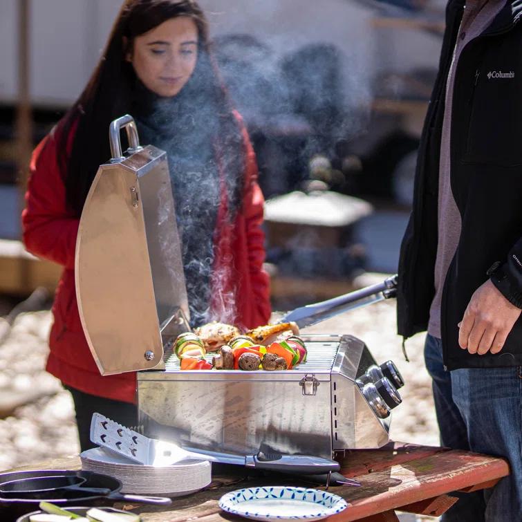 Monument Grills 13742,2-Burner Portable Stainless Steel Tabletop Propane Gas Grill with High Lid and Travel Locks, 15,000 BTU – Perfect for Family BBQs