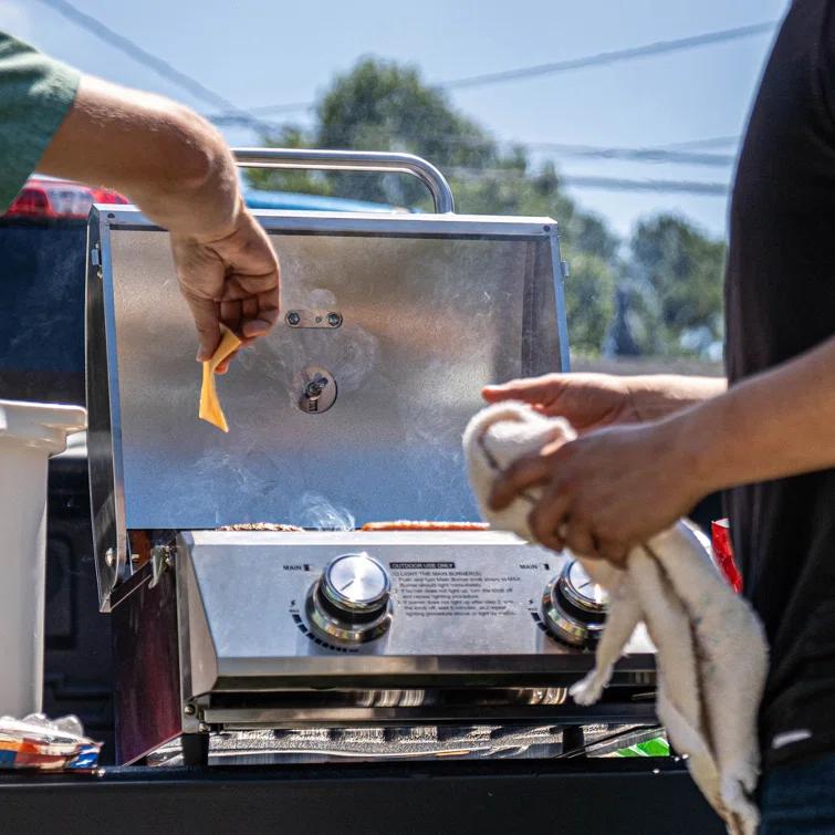 Monument Grills 13742,2-Burner Portable Stainless Steel Tabletop Propane Gas Grill with High Lid and Travel Locks, 15,000 BTU – Perfect for Family BBQs