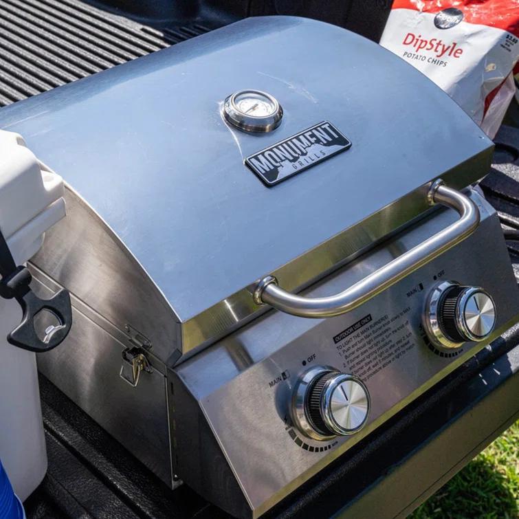 Monument Grills 13742,2-Burner Portable Stainless Steel Tabletop Propane Gas Grill with High Lid and Travel Locks, 15,000 BTU – Perfect for Family BBQs