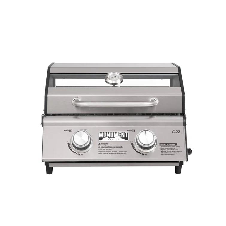 Monument Grills 13742,2-Burner Portable Stainless Steel Tabletop Propane Gas Grill with High Lid and Travel Locks, 15,000 BTU – Perfect for Family BBQs