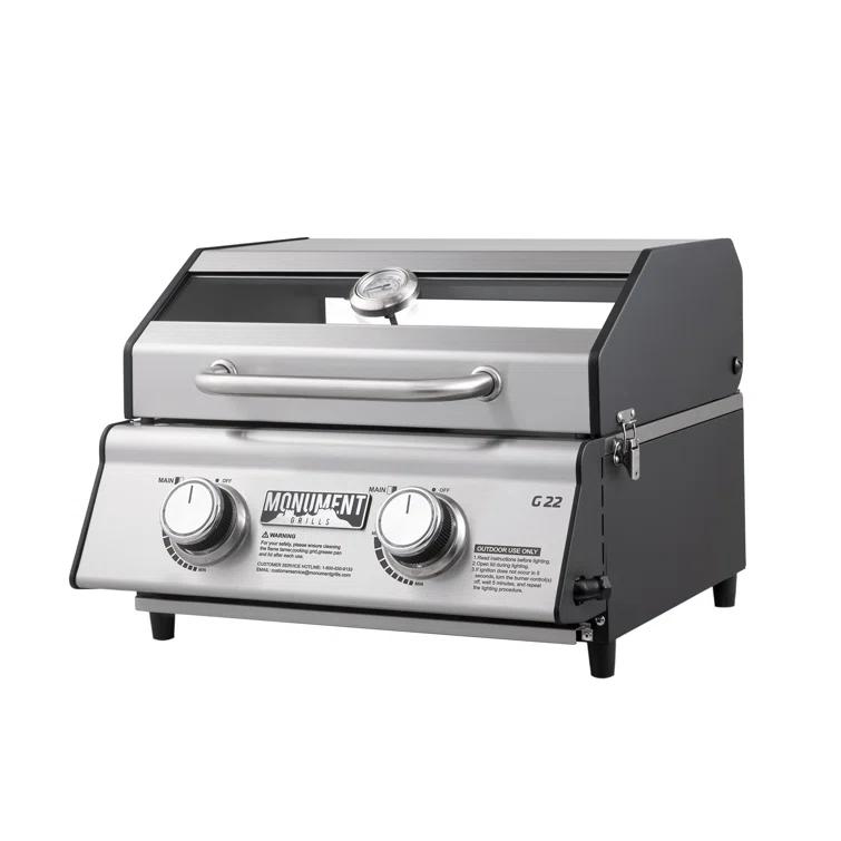 Monument Grills 13742,2-Burner Portable Stainless Steel Tabletop Propane Gas Grill with High Lid and Travel Locks, 15,000 BTU – Perfect for Family BBQs