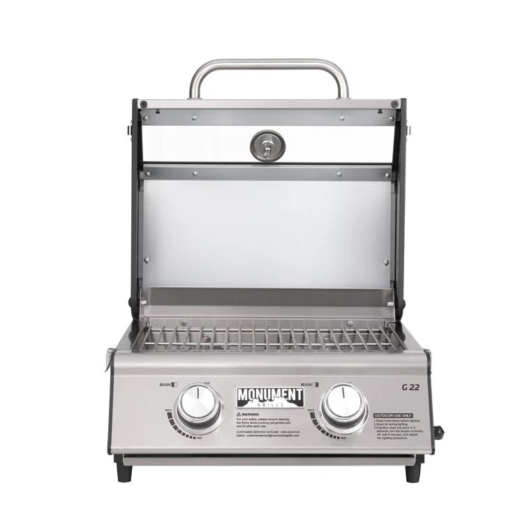 Monument Grills 13742,2-Burner Portable Stainless Steel Tabletop Propane Gas Grill with High Lid and Travel Locks, 15,000 BTU – Perfect for Family BBQs