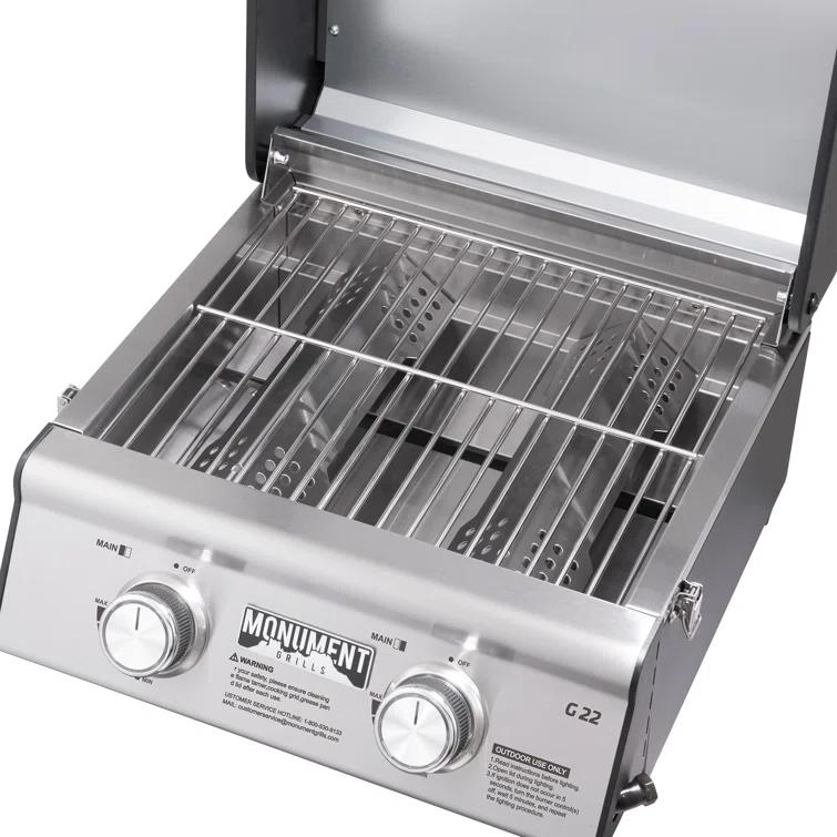 Monument Grills 13742,2-Burner Portable Stainless Steel Tabletop Propane Gas Grill with High Lid and Travel Locks, 15,000 BTU – Perfect for Family BBQs