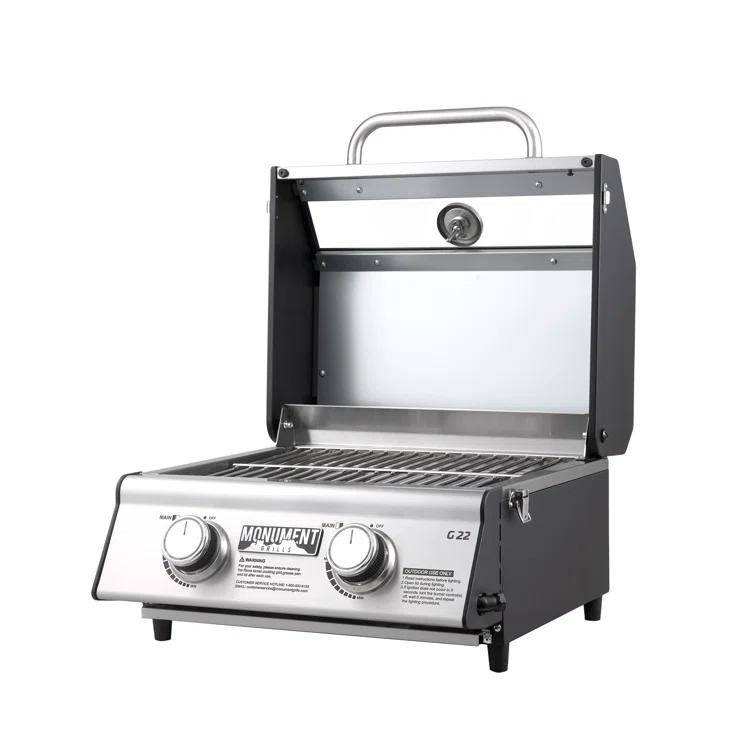 Monument Grills 13742,2-Burner Portable Stainless Steel Tabletop Propane Gas Grill with High Lid and Travel Locks, 15,000 BTU – Perfect for Family BBQs