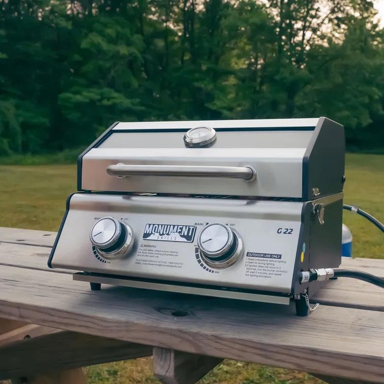 Monument Grills 13742,2-Burner Portable Stainless Steel Tabletop Propane Gas Grill with High Lid and Travel Locks, 15,000 BTU – Perfect for Family BBQs