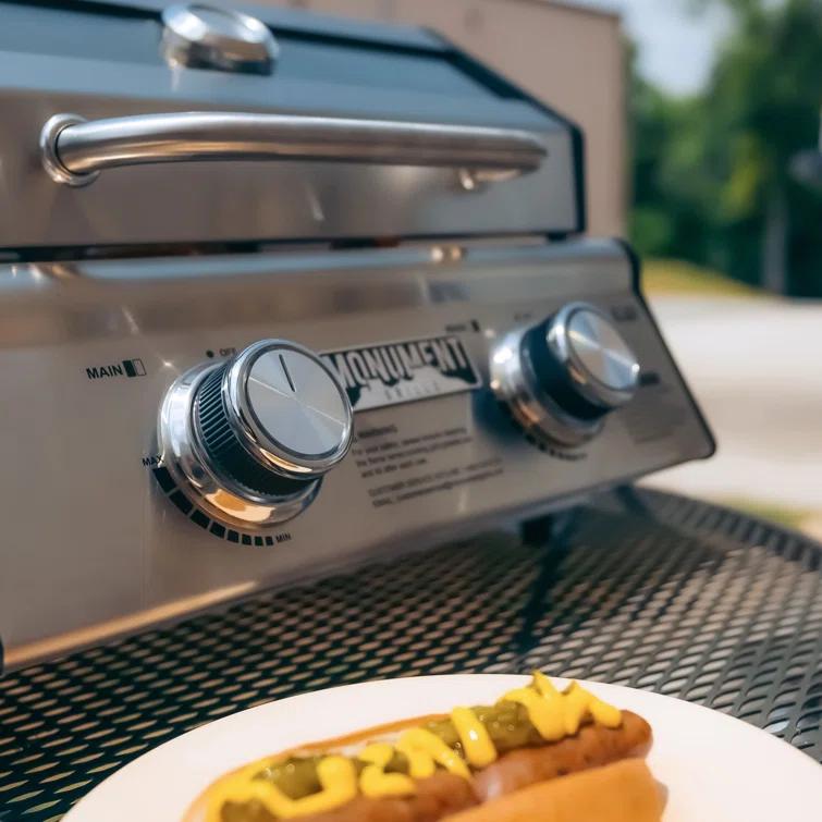 Monument Grills 13742,2-Burner Portable Stainless Steel Tabletop Propane Gas Grill with High Lid and Travel Locks, 15,000 BTU – Perfect for Family BBQs